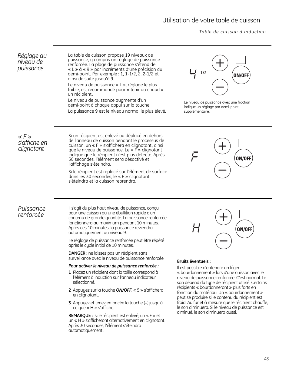 Utilisation de votre table de cuisson, Réglage du niveau de puissance, F » s’affiche en clignotant | Puissance renforcée | GE ZHU30 User Manual | Page 43 / 80