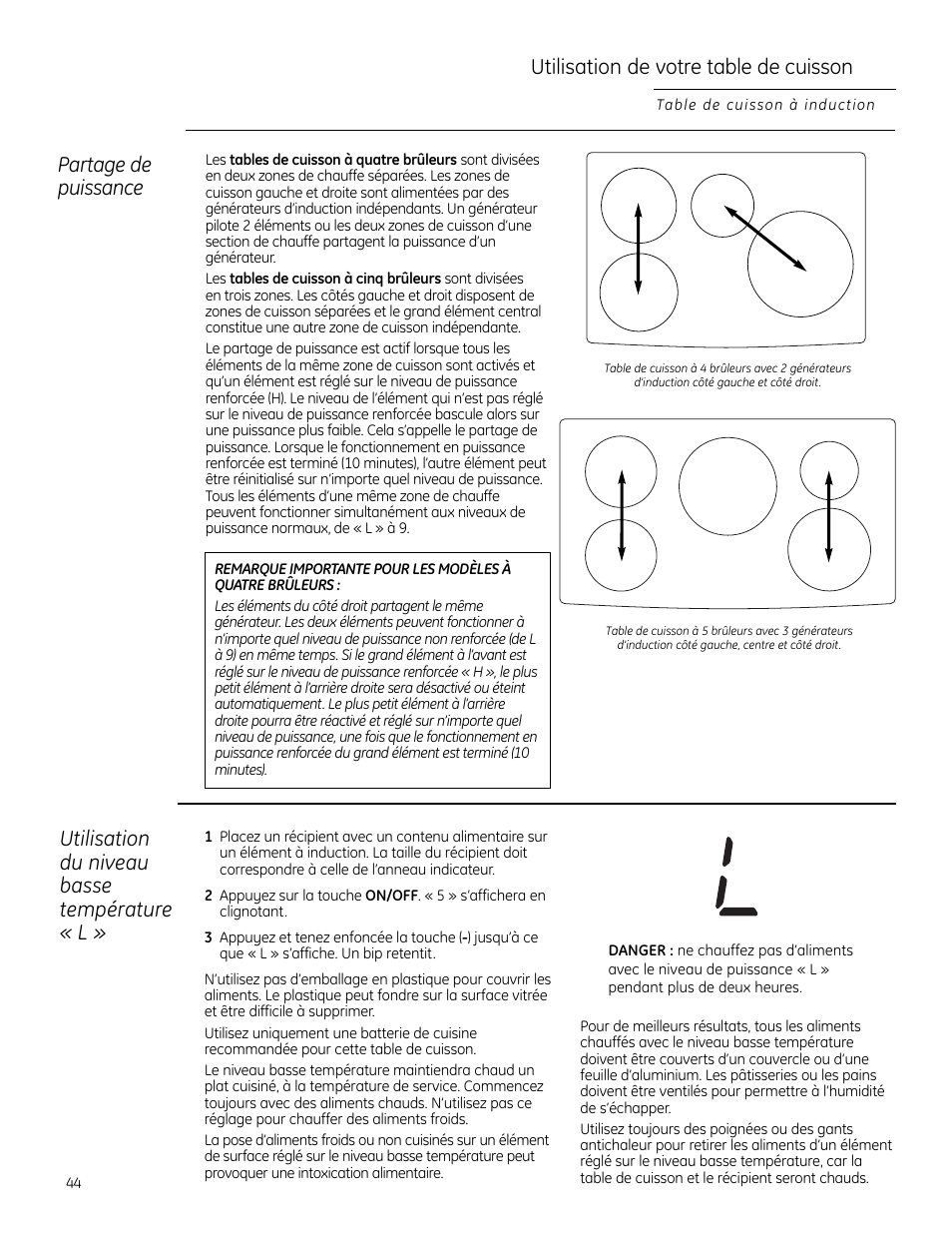 Utilisation de votre table de cuisson, Partage de puissance, Utilisation du niveau basse température « l | GE ZHU30 User Manual | Page 44 / 80