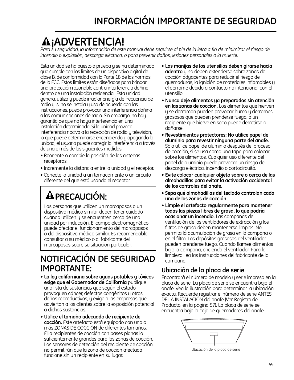 Advertencia, Información importante de seguridad, Notificación de seguridad importante | Precaución | GE ZHU30 User Manual | Page 59 / 80