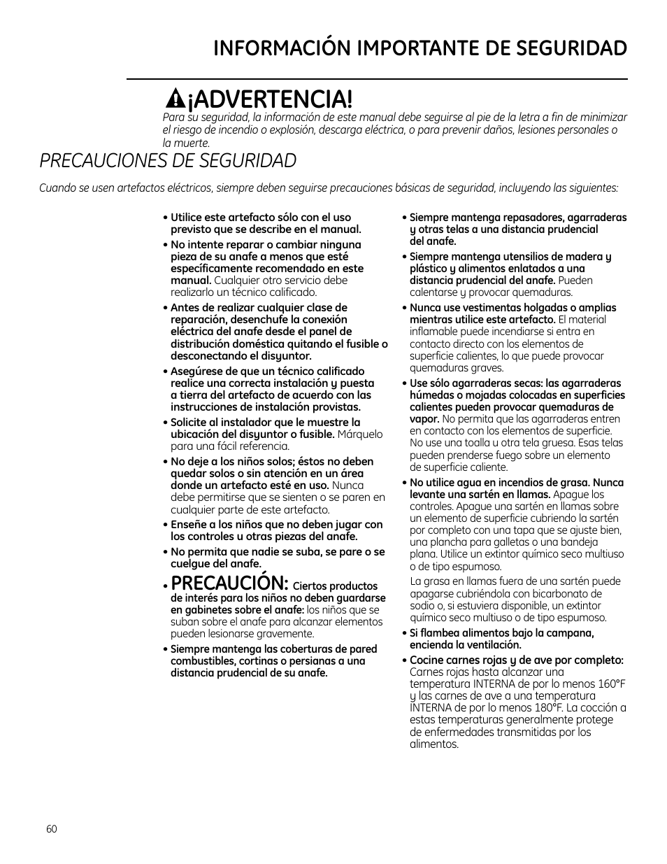 Advertencia, Información importante de seguridad, Precaución | Precauciones de seguridad | GE ZHU30 User Manual | Page 60 / 80