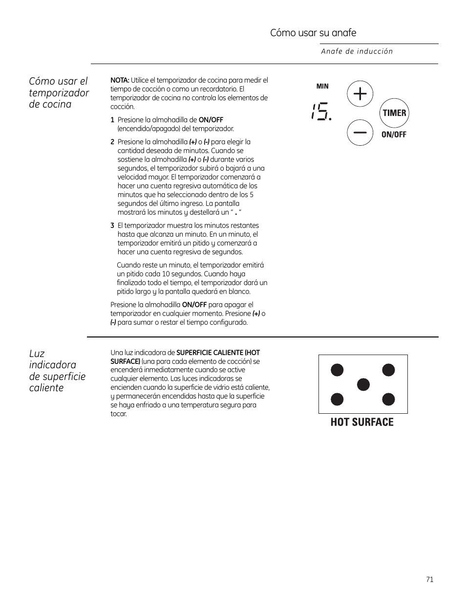 Cómo usar su anafe, Cómo usar el temporizador de cocina, Luz indicadora de superficie caliente | GE ZHU30 User Manual | Page 71 / 80