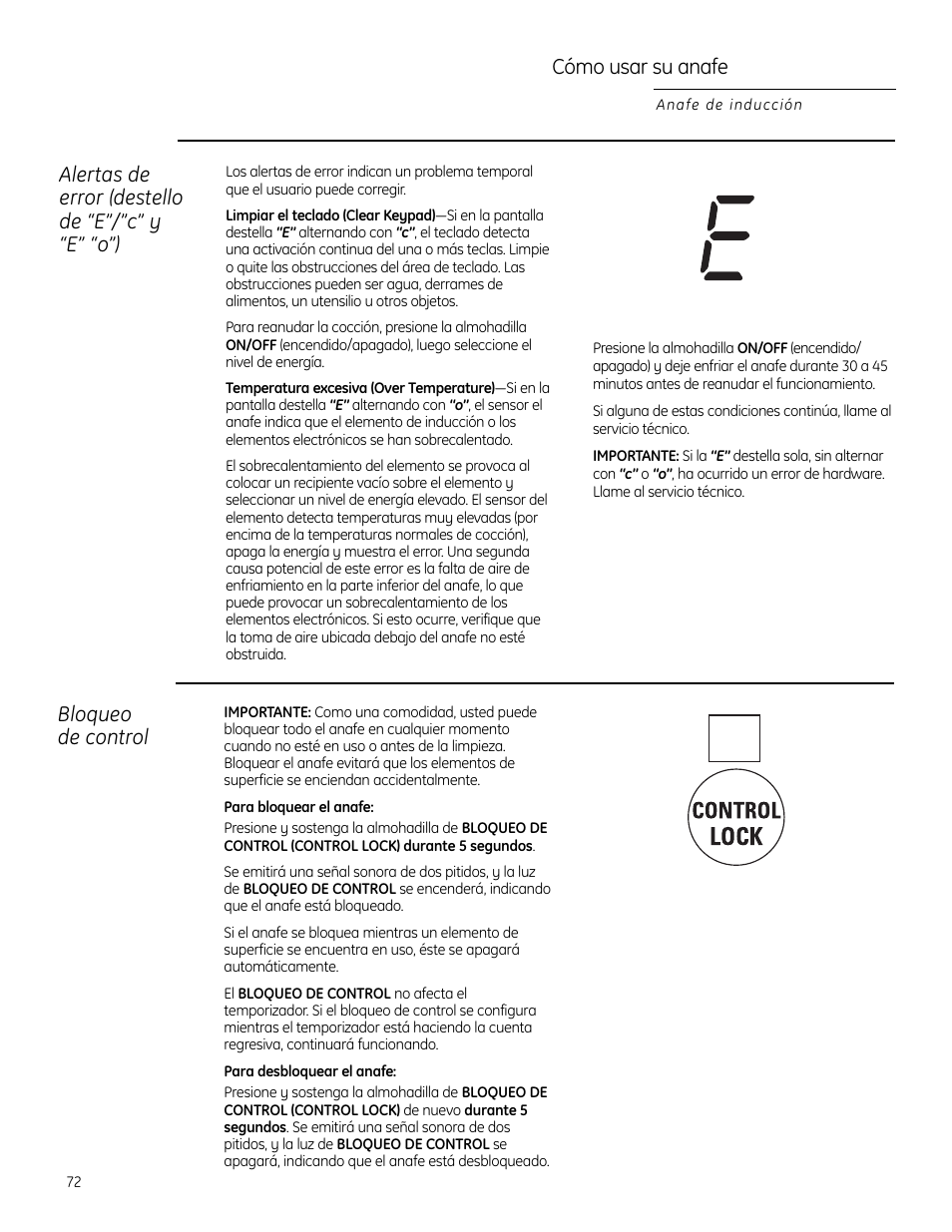 Alertas de error (destello de “e”/”c” y “e” “o”), Cómo usar su anafe, Bloqueo de control | GE ZHU30 User Manual | Page 72 / 80