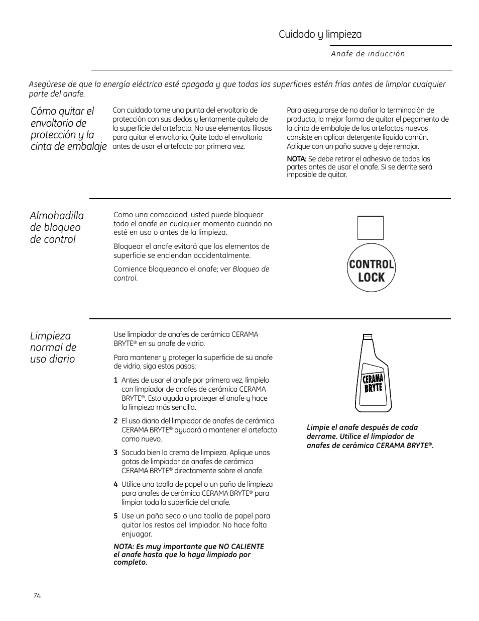 Cuidado y limpieza, Almohadilla de bloqueo de control, Limpieza normal de uso diario | GE ZHU30 User Manual | Page 74 / 80