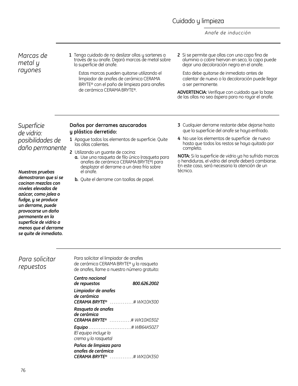 Cuidado y limpieza, Marcas de metal y rayones, Para solicitar repuestos | GE ZHU30 User Manual | Page 76 / 80