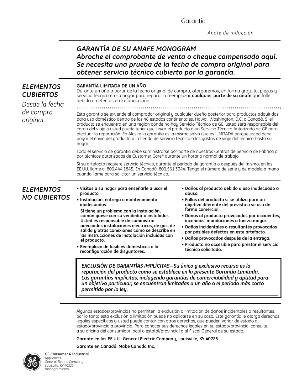 Garantía, Elementos no cubiertos | GE ZHU30 User Manual | Page 80 / 80