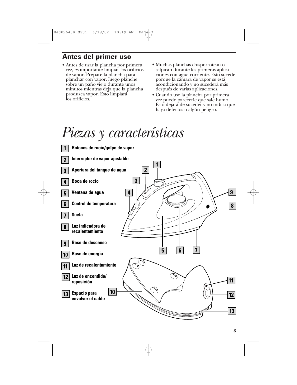 Piezas y características, Antes del primer uso | GE 840096400 User Manual | Page 10 / 16