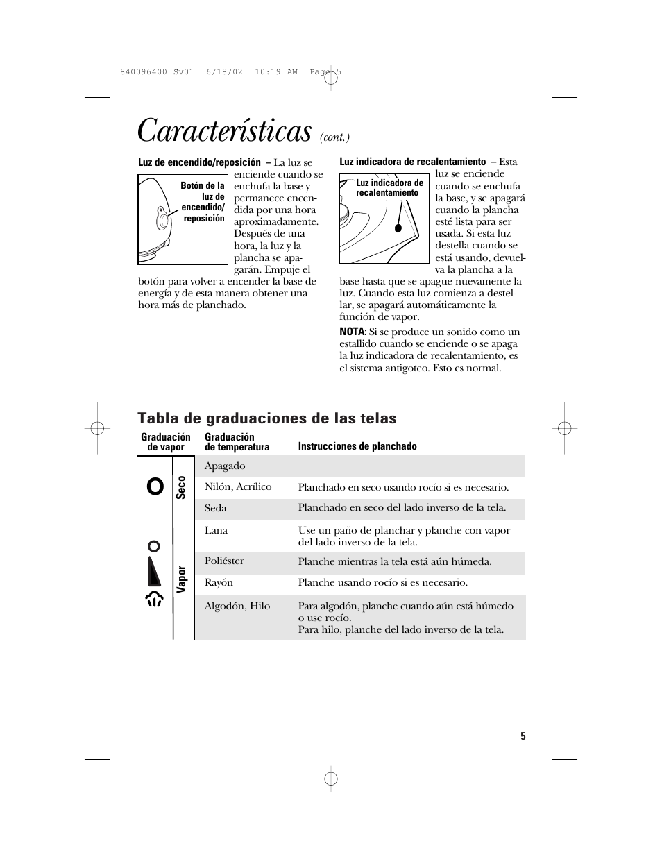 Características, Tabla de graduaciones de las telas | GE 840096400 User Manual | Page 12 / 16