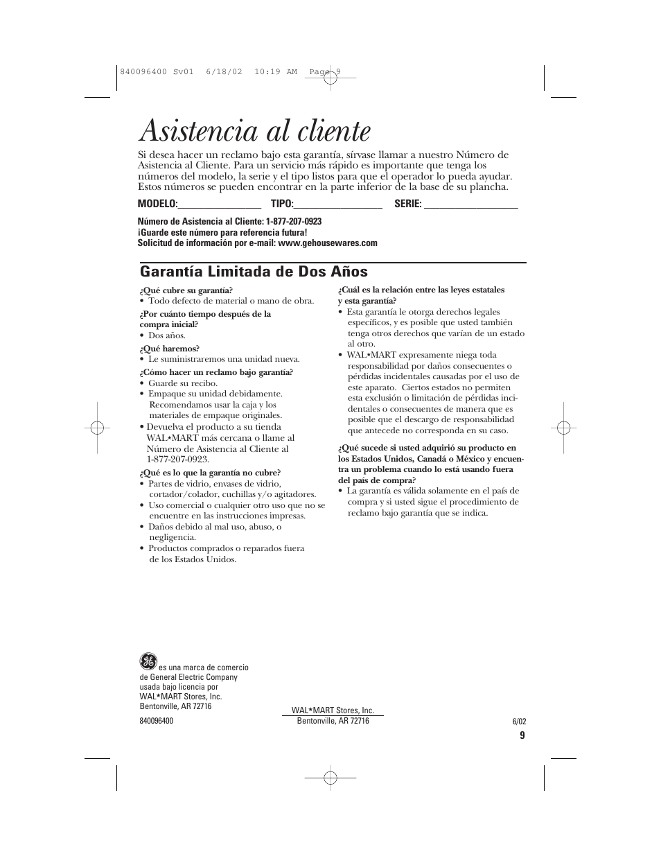 Asistencia al cliente, Garantía limitada de dos años | GE 840096400 User Manual | Page 16 / 16