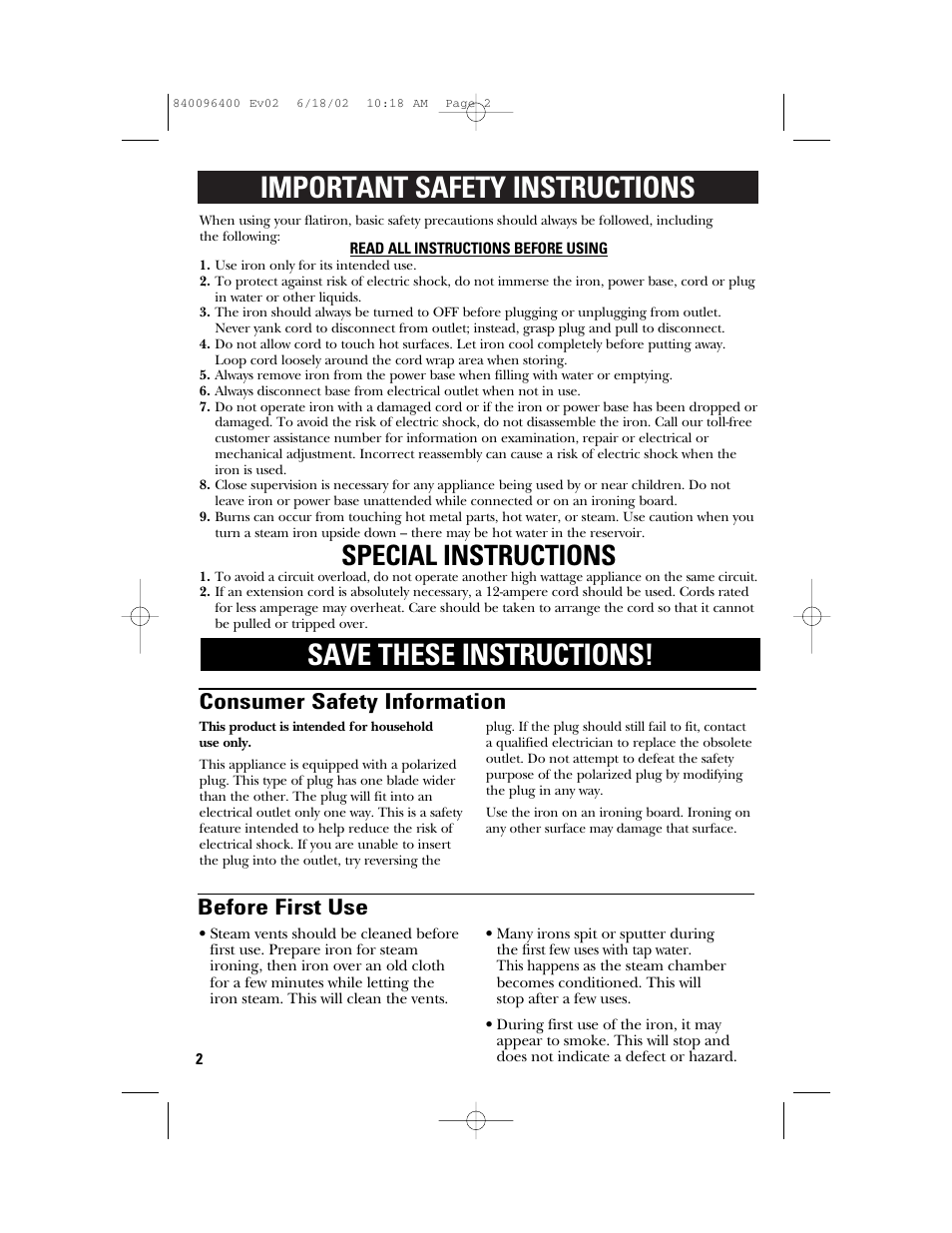 Special instructions, Consumer safety information, Before first use | GE 840096400 User Manual | Page 2 / 16