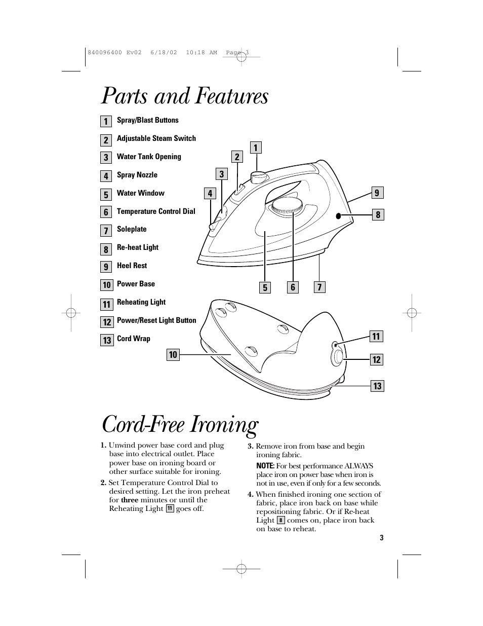 Parts and features, Cord-free ironing | GE 840096400 User Manual | Page 3 / 16