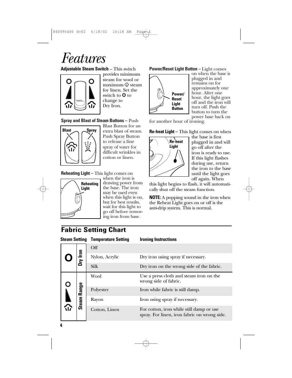 Features, Fabric setting chart | GE 840096400 User Manual | Page 4 / 16