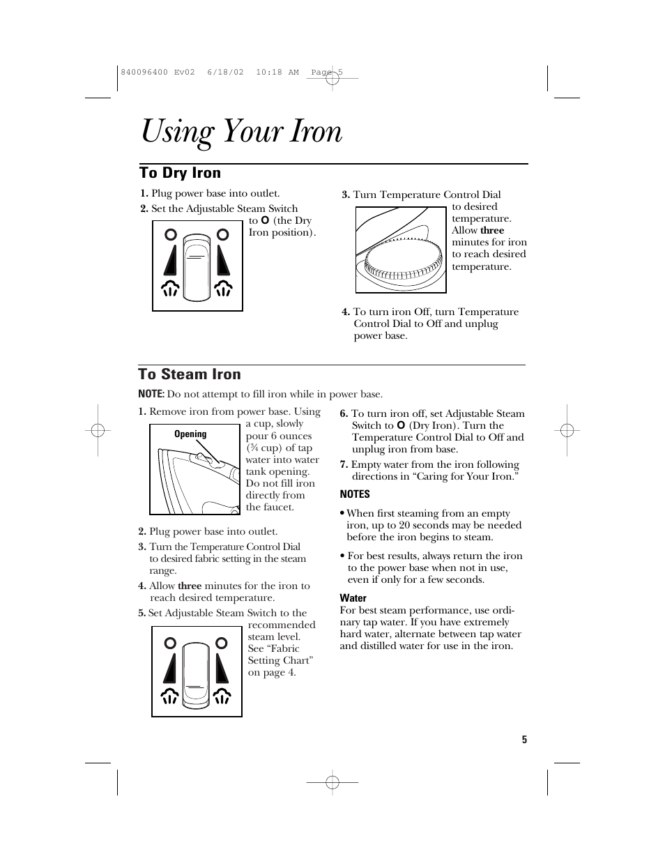 Using your iron | GE 840096400 User Manual | Page 5 / 16