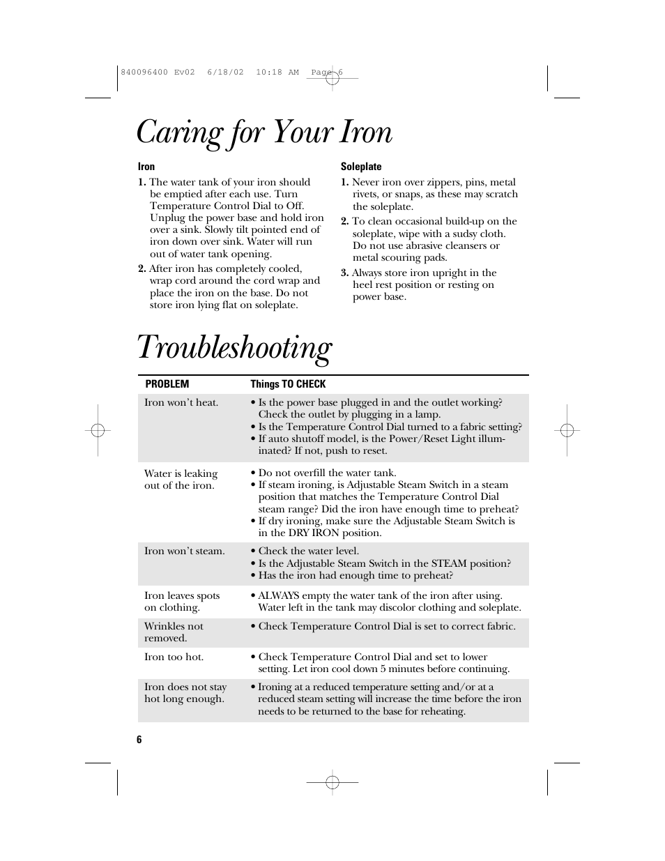 Caring for your iron, Troubleshooting | GE 840096400 User Manual | Page 6 / 16