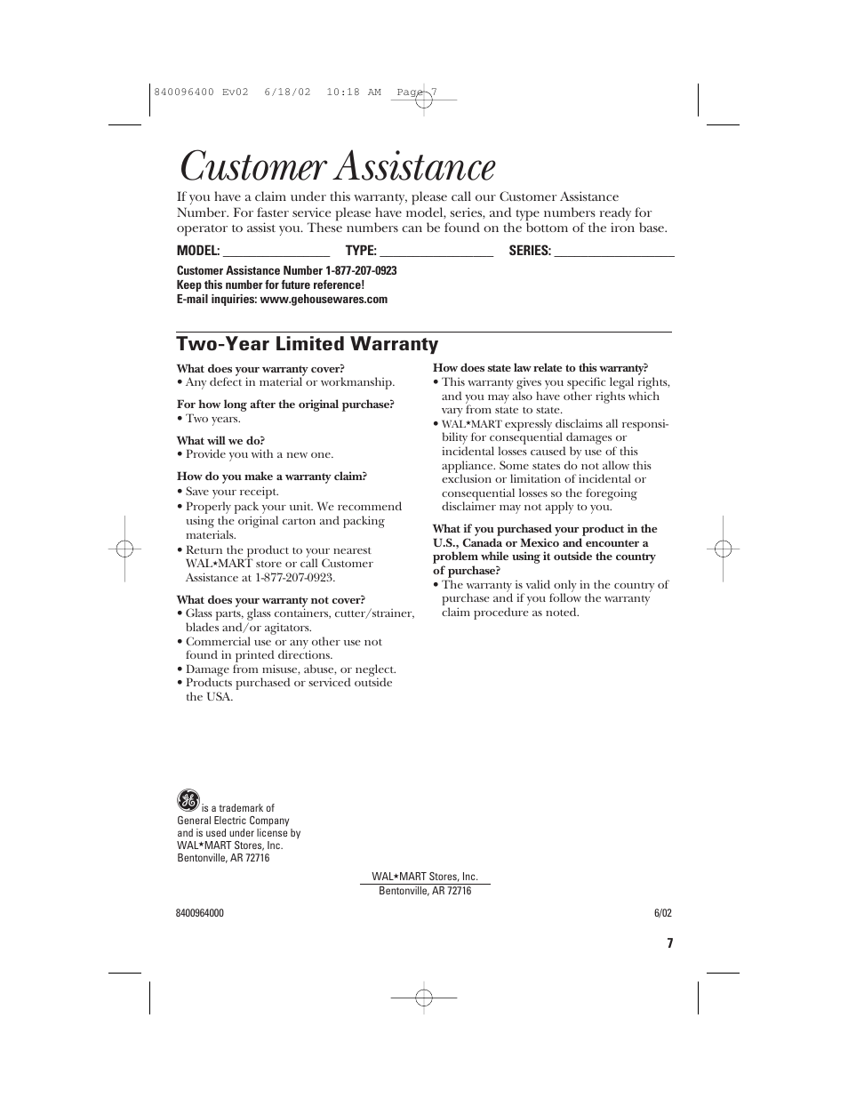 Customer assistance, Two-year limited warranty | GE 840096400 User Manual | Page 7 / 16