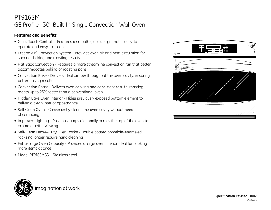 Pt916sm, Ge profile, 30" built-in single convection wall oven | GE PT916SM User Manual | Page 3 / 3