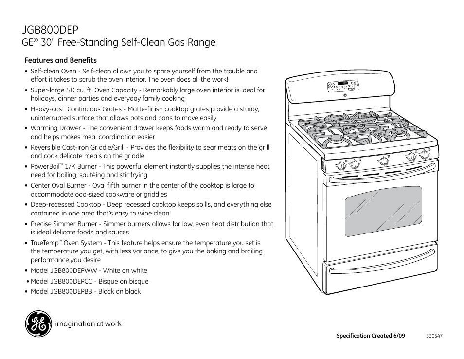 30" free-standing self-clean gas range, Jgb800dep, Features and benefits | GE Profile JGB800DEP User Manual | Page 2 / 2
