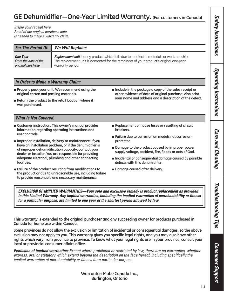 Ge dehumidifier—one-year limited warranty | GE ADER40 User Manual | Page 13 / 36