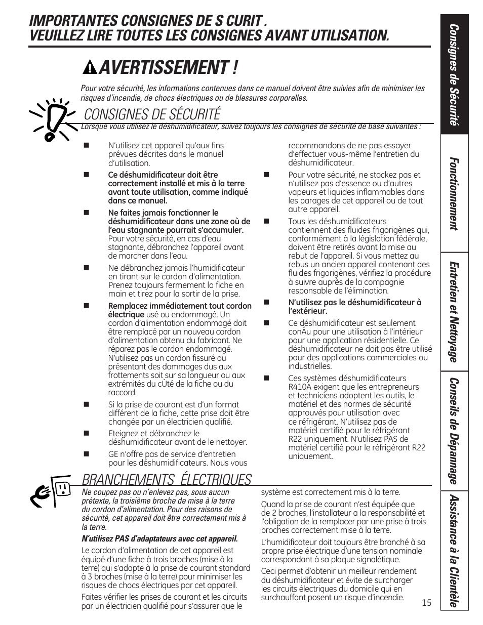 Avertissement, Consignes de sécurité, Branchements électriques | GE ADER40 User Manual | Page 15 / 36