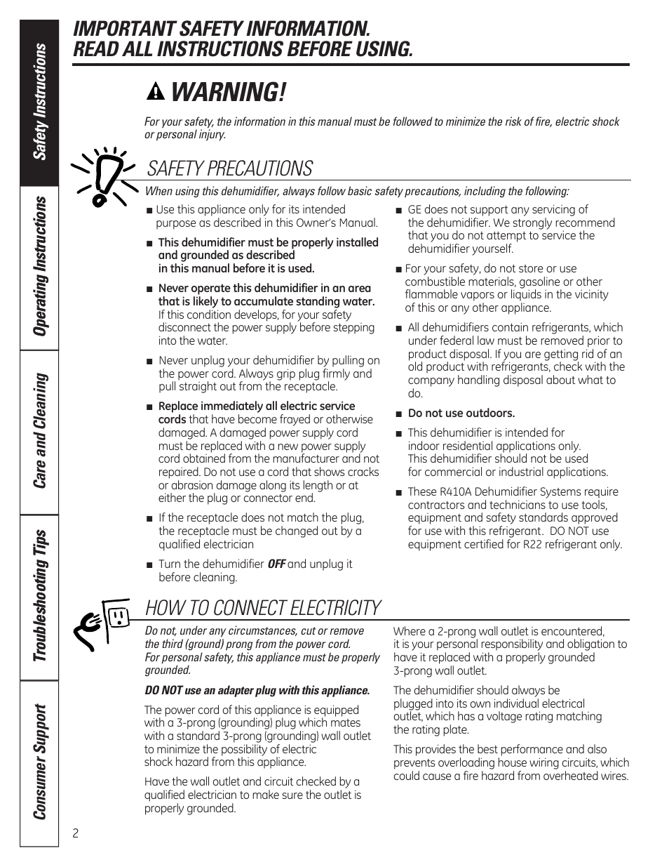 Warning, Safety precautions, How to connect electricity | GE ADER40 User Manual | Page 2 / 36