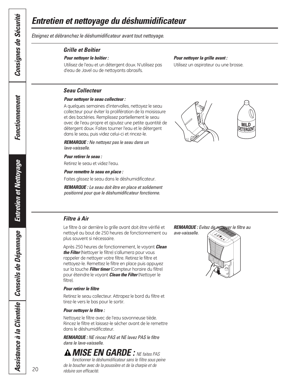 Entretien et nettoyage du déshumidificateur, Mise en garde | GE ADER40 User Manual | Page 20 / 36