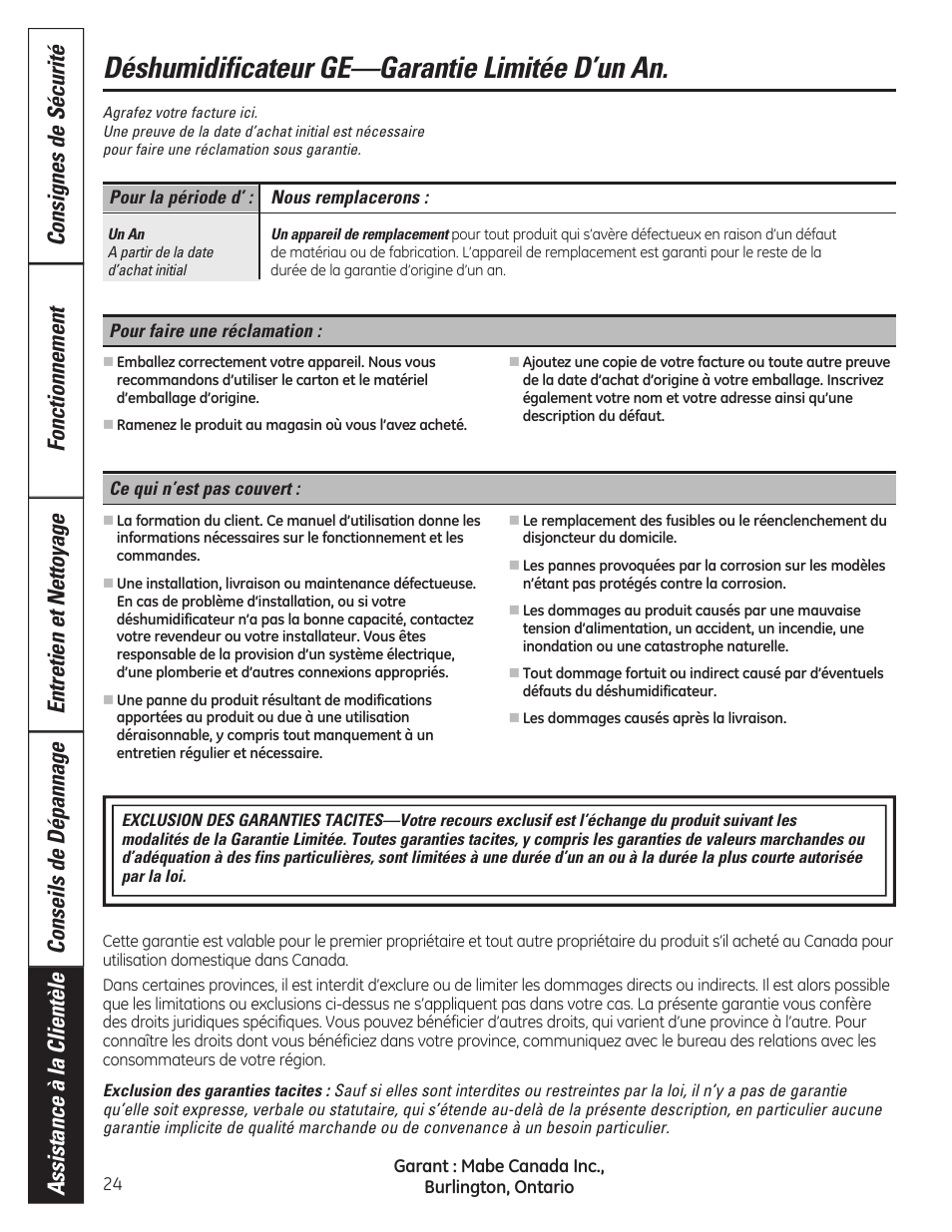 Déshumidificateur ge—garantie limitée d’un an | GE ADER40 User Manual | Page 24 / 36