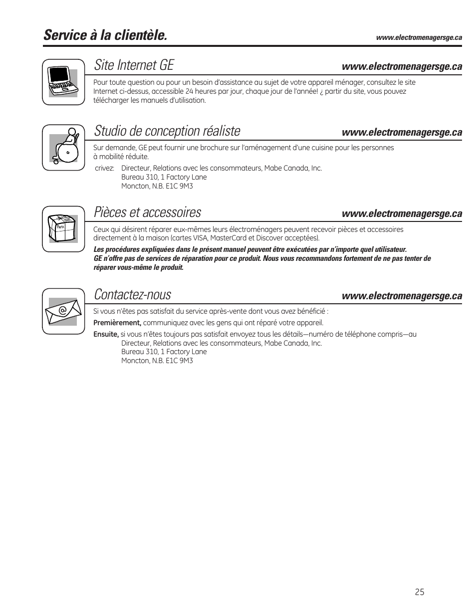 Service à la clientèle, Site internet ge, Studio de conception réaliste | Pièces et accessoires, Contactez-nous | GE ADER40 User Manual | Page 25 / 36