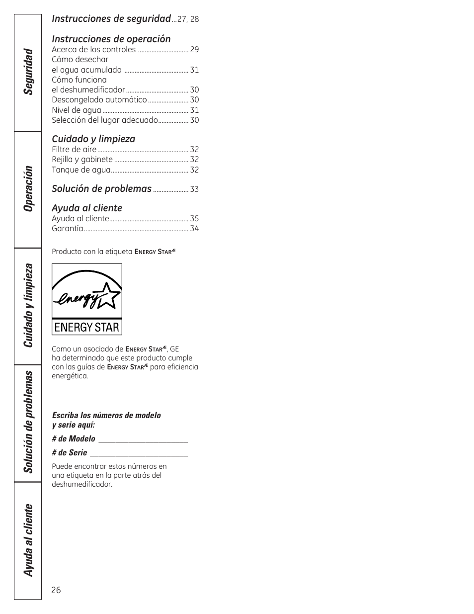 Instrucciones de seguridad, Instrucciones de operación, Cuidado y limpieza | Solución de problemas, Ayuda al cliente | GE ADER40 User Manual | Page 26 / 36