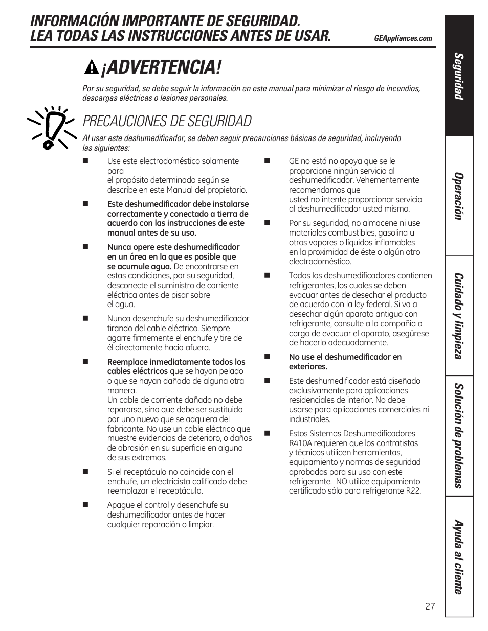 Advertencia, Precauciones de seguridad | GE ADER40 User Manual | Page 27 / 36