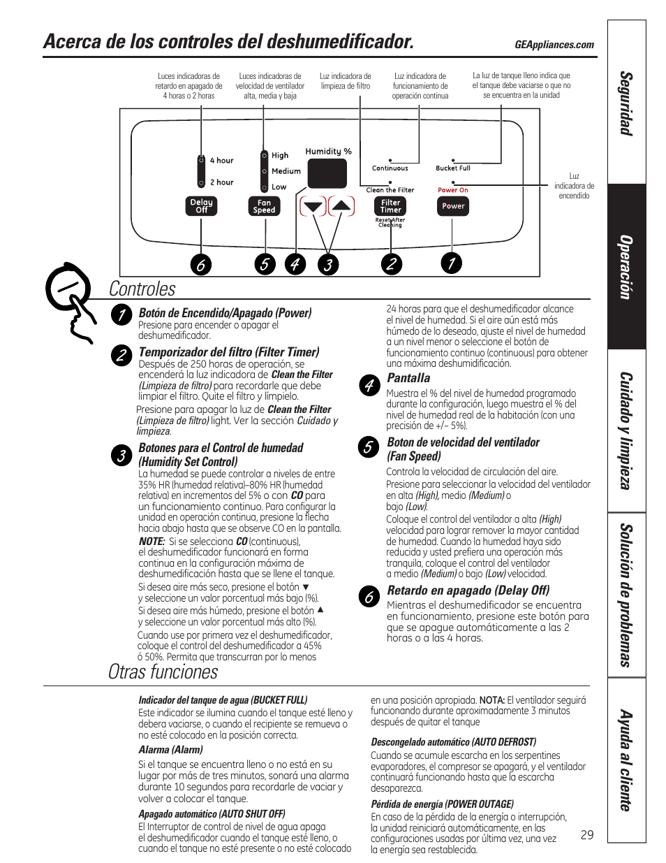 Acerca de los controles del deshumedificador, Controles, Otras funciones | GE ADER40 User Manual | Page 29 / 36