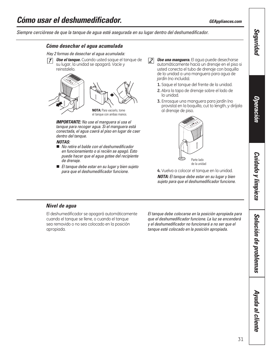 Cómo usar el deshumedificador | GE ADER40 User Manual | Page 31 / 36