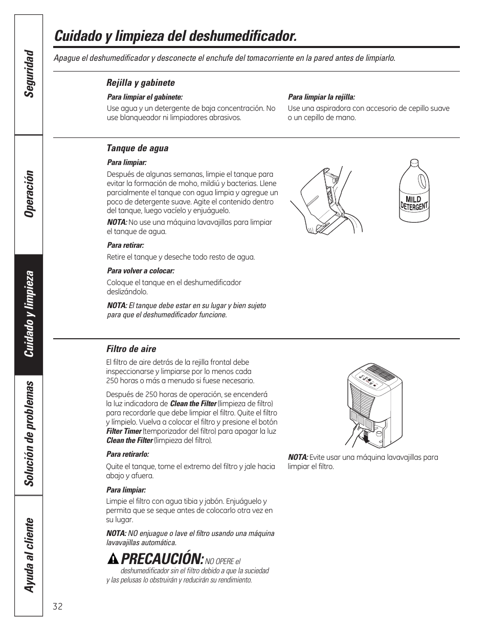 Cuidado y limpieza del deshumedificador, Precaución | GE ADER40 User Manual | Page 32 / 36