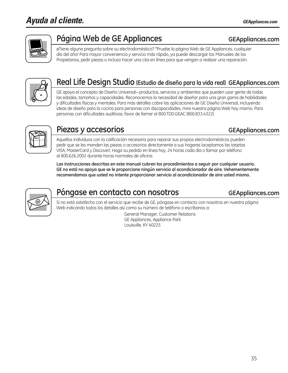 Ayuda al cliente, Página web de ge appliances, Real life design studio | Piezas y accesorios, Póngase en contacto con nosotros | GE ADER40 User Manual | Page 35 / 36
