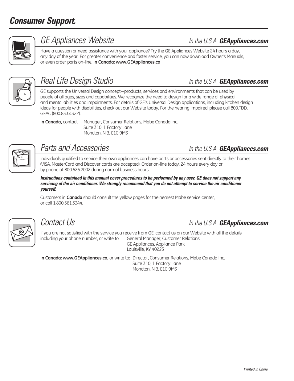 Consumer support. ge appliances website, Real life design studio, Parts and accessories | Contact us | GE ADER40 User Manual | Page 36 / 36