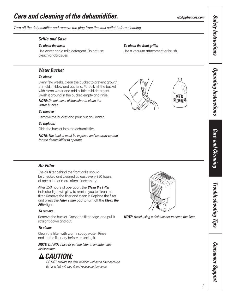 Care and cleaning of the dehumidifier, Caution | GE ADER40 User Manual | Page 7 / 36