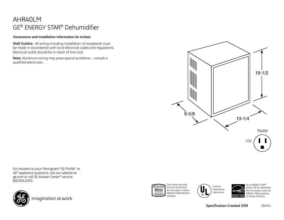 GE AHR40LM User Manual | 2 pages