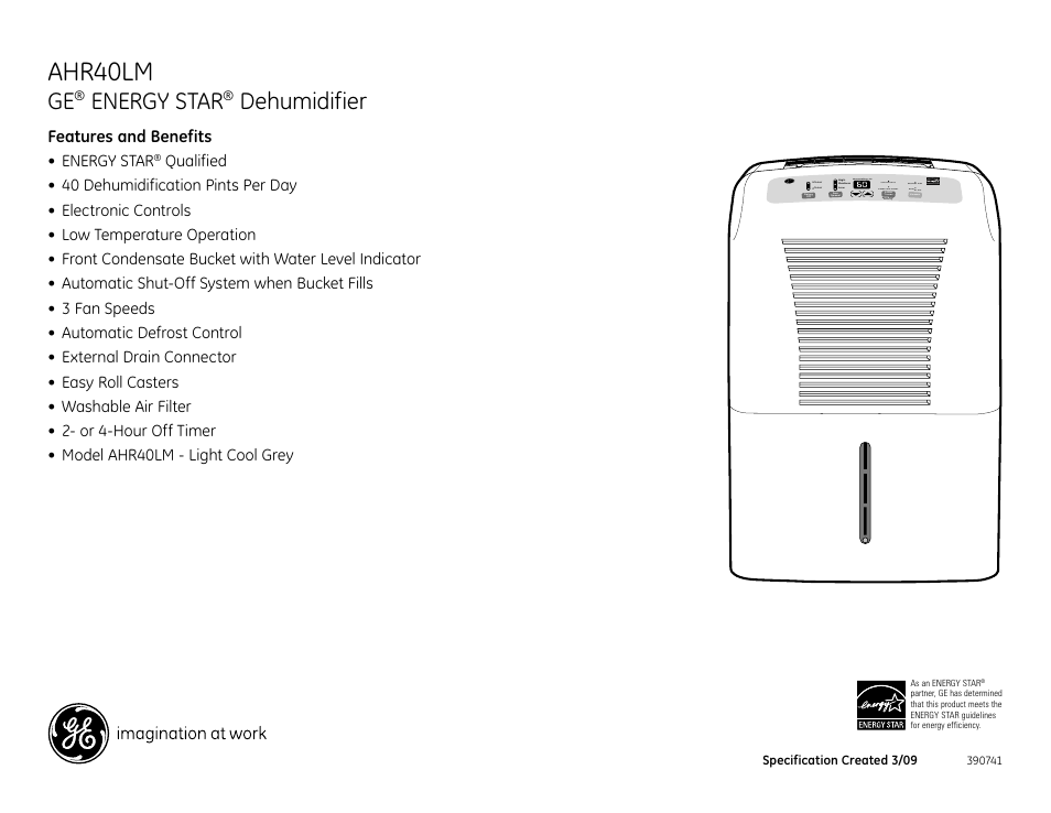 Ahr40lm, Energy star, Dehumidifier | Features and benefits • energy star | GE AHR40LM User Manual | Page 2 / 2