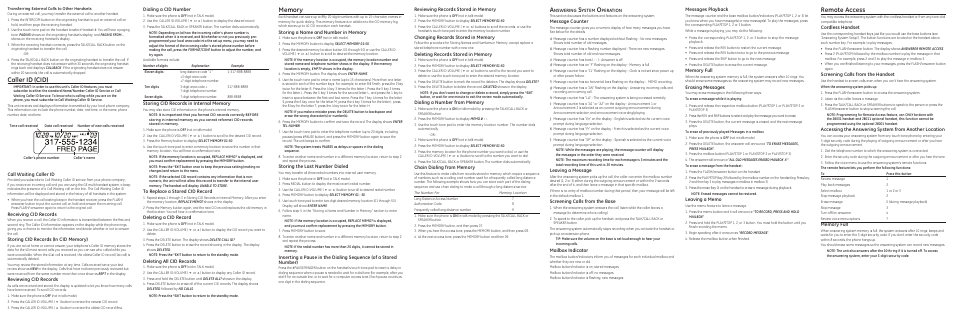 Caller id (cid), Remote access, Dialing a cid number | Deleting a cid record, Deleting all cid records, Storing the last number dialed, Message counter, Leaving a message, Screening calls from the base, Mailbox indicator | GE 28031 User Manual | Page 3 / 4