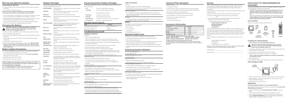 Accessory information, Belt clip and optional headset, Changing the battery | Battery safety precautions, Display messages, Answering system display messages, Handset sound signals, Troubleshooting guide, Instructions for optional/additional handset(s), General product care | GE 28031 User Manual | Page 4 / 4