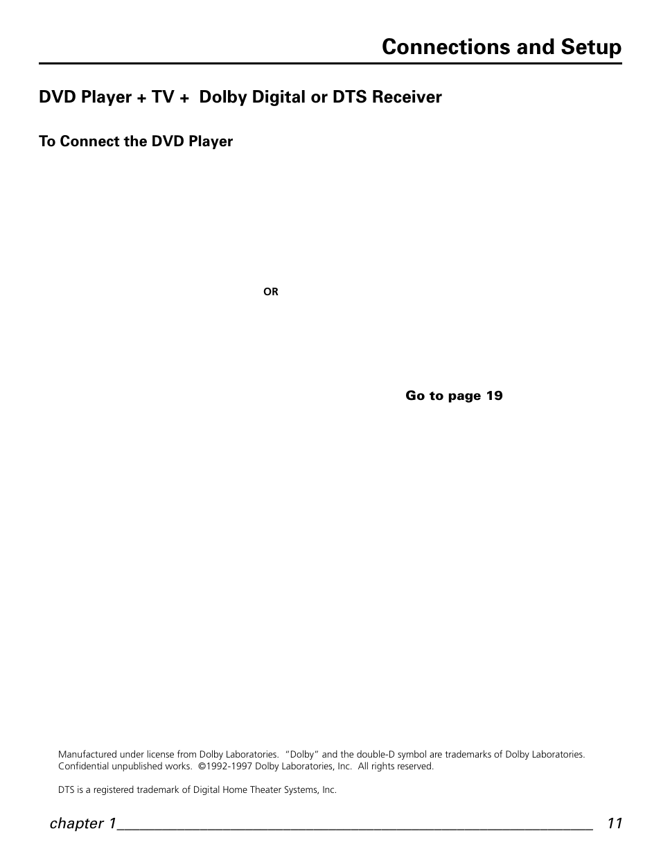 Connections and setup, Dvd player + tv + dolby digital or dts receiver, Chapter 1 | GE GE1101P User Manual | Page 13 / 66