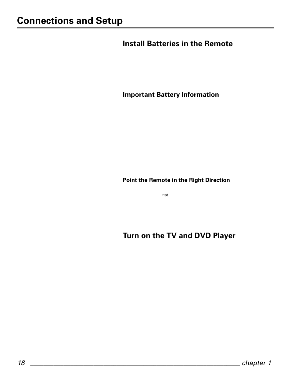 Connections and setup, Install batteries in the remote, Turn on the tv and dvd player | Important battery information | GE GE1101P User Manual | Page 20 / 66