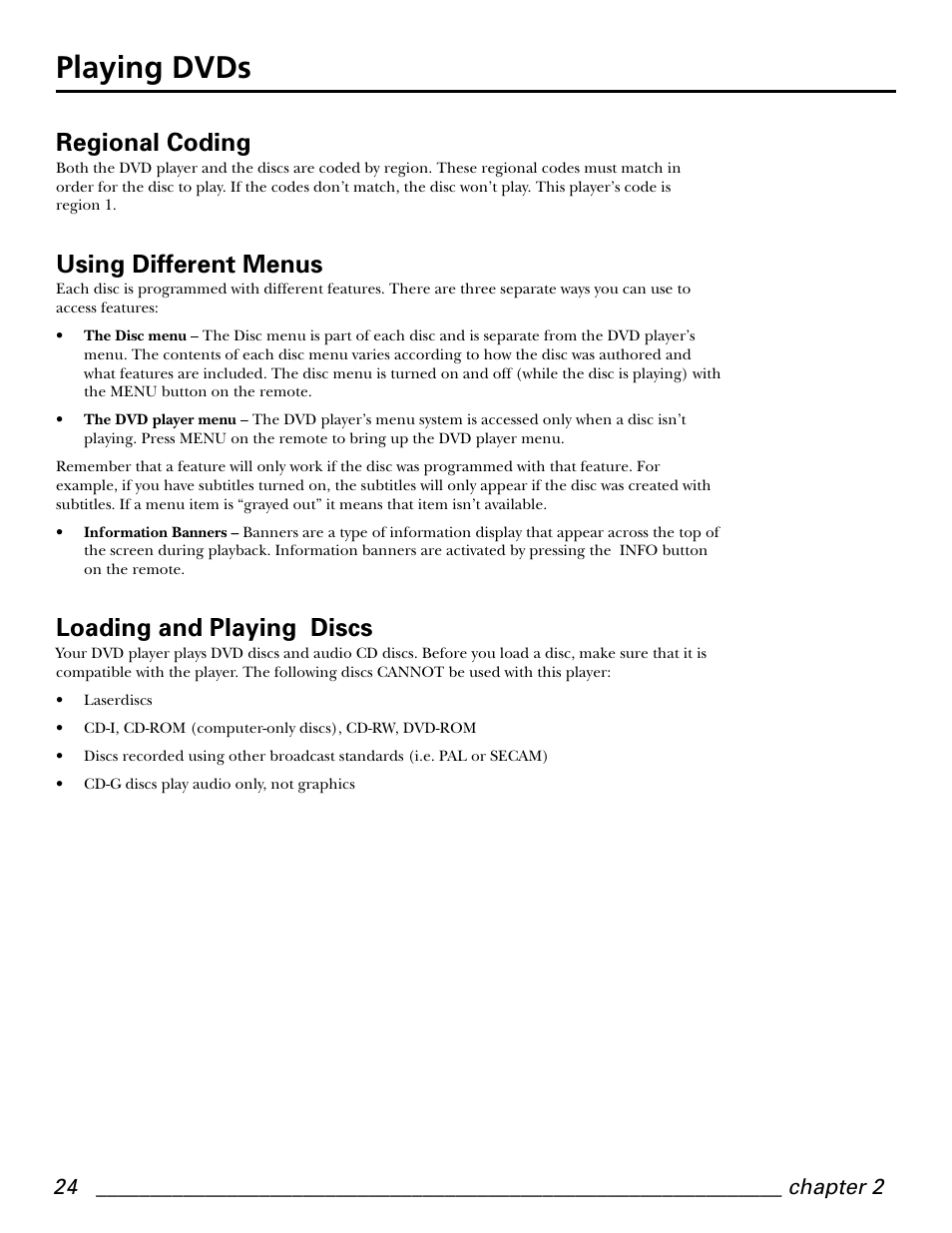 Playing dvds, Regional coding, Using different menus | Loading and playing discs | GE GE1101P User Manual | Page 26 / 66