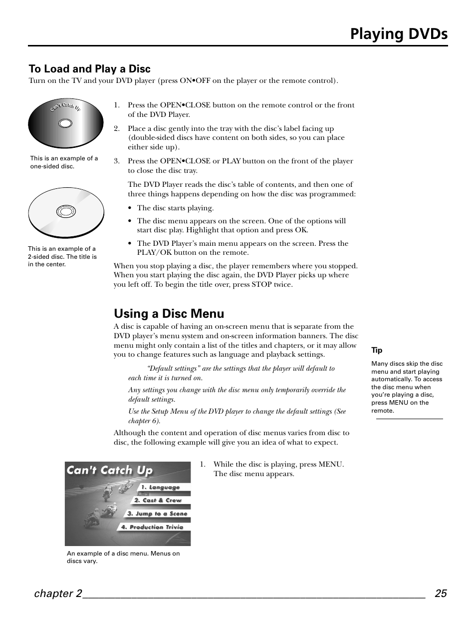 Playing dvds, Using a disc menu, Chapter 2 | GE GE1101P User Manual | Page 27 / 66
