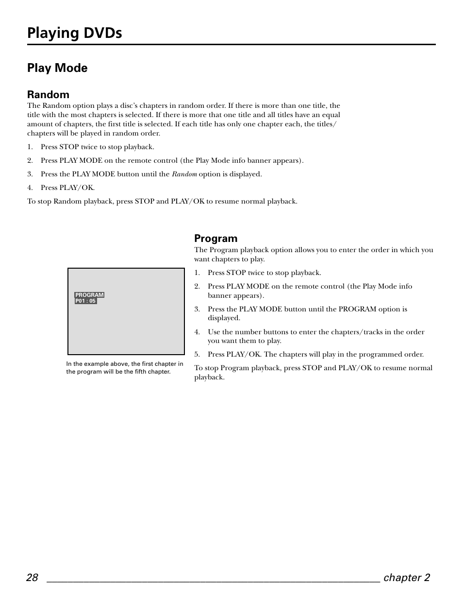 Playing dvds, Play mode, Random | Program | GE GE1101P User Manual | Page 30 / 66