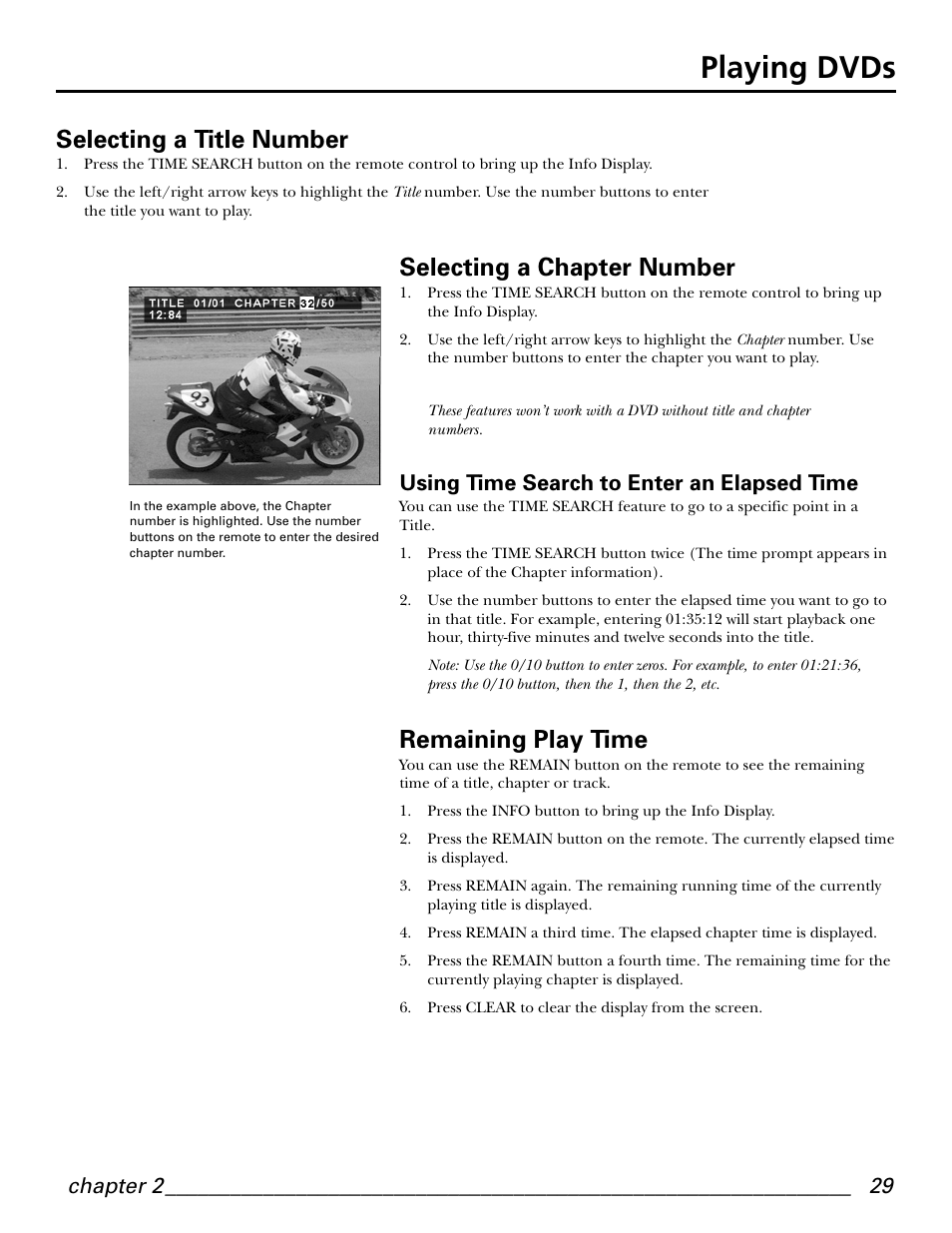 Playing dvds, Selecting a title number, Selecting a chapter number | Remaining play time, Chapter 2, Using time search to enter an elapsed time | GE GE1101P User Manual | Page 31 / 66