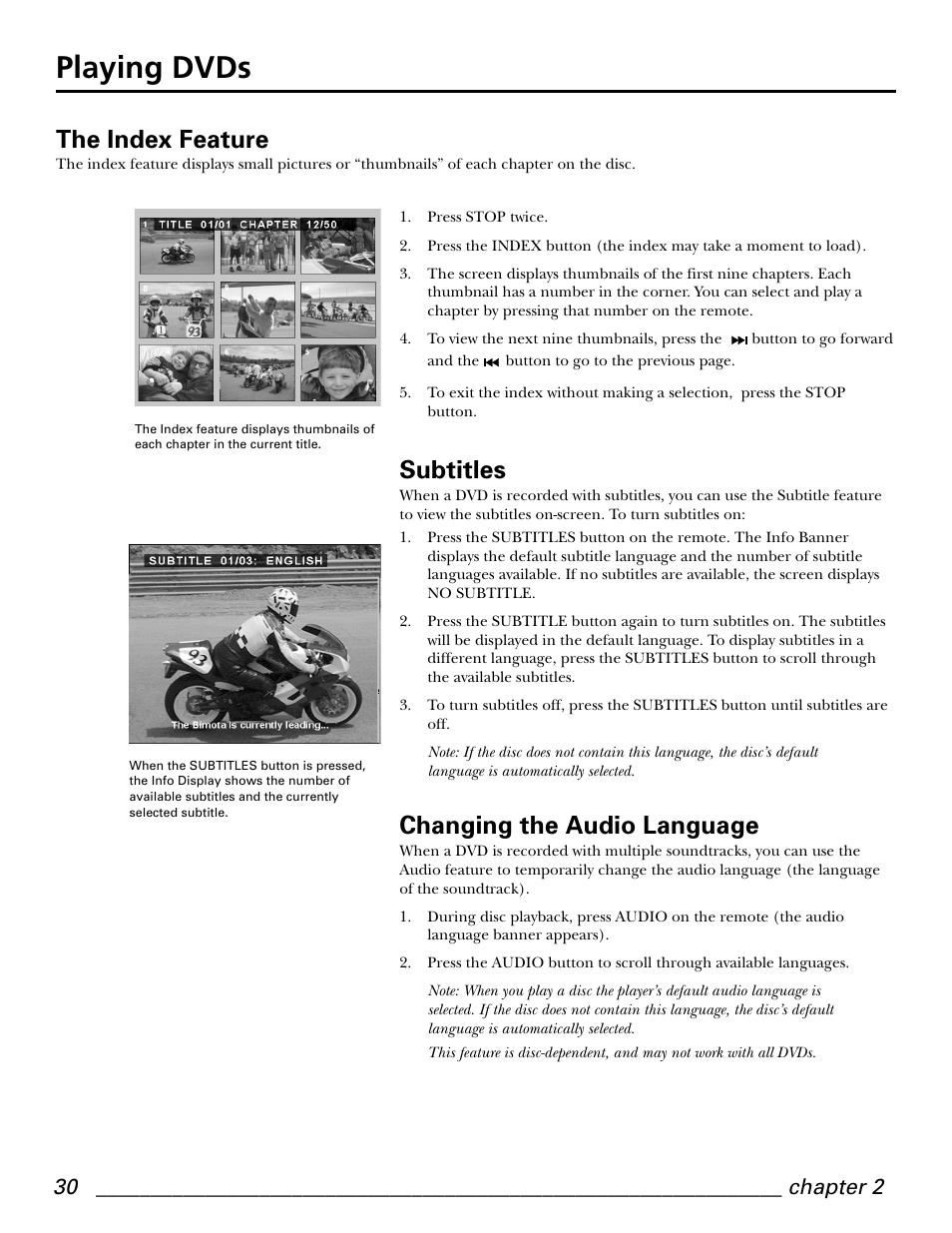 Playing dvds, The index feature, Subtitles | Changing the audio language | GE GE1101P User Manual | Page 32 / 66