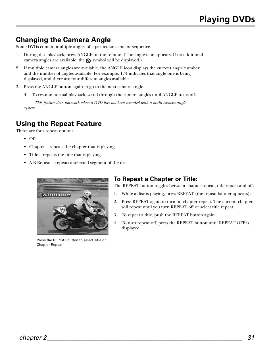 Playing dvds, Changing the camera angle, Using the repeat feature | Chapter 2 | GE GE1101P User Manual | Page 33 / 66
