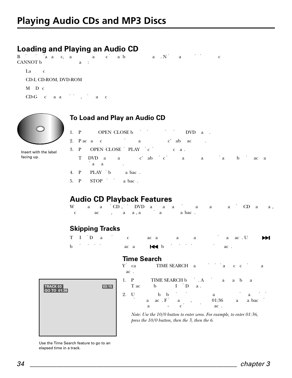 Playing audio cds and mp3 discs, Loading and playing an audio cd, Audio cd playback features | Skipping tracks, Time search | GE GE1101P User Manual | Page 36 / 66