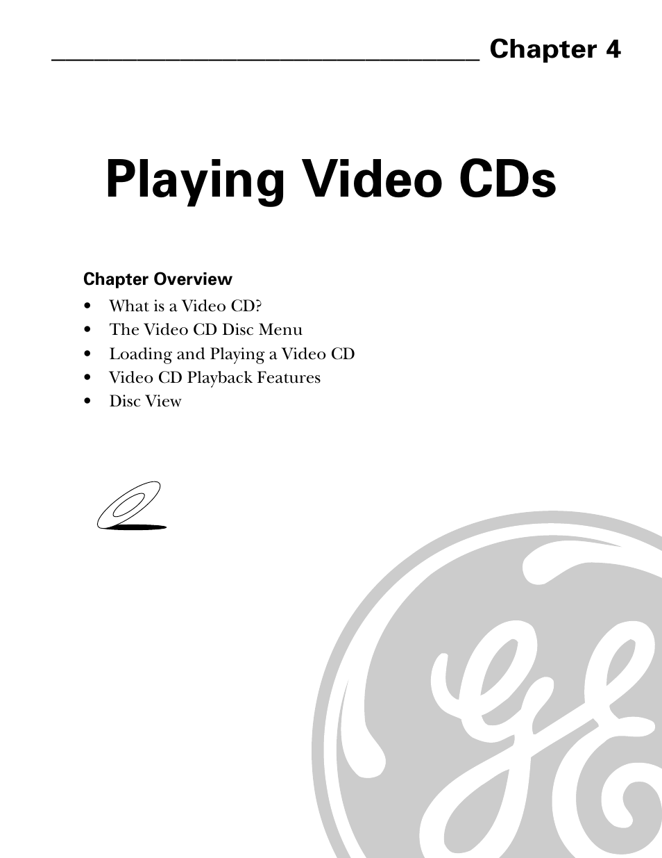 Playing video cds, Chapter 4, Video cd | GE GE1101P User Manual | Page 41 / 66