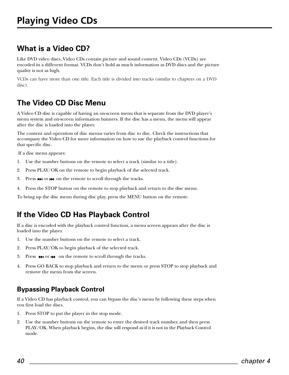 Playing video cds, What is a video cd, The video cd disc menu | If the video cd has playback control, Bypassing playback control | GE GE1101P User Manual | Page 42 / 66