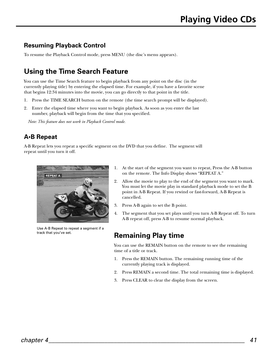 Playing video cds, Using the time search feature, Remaining play time | Chapter 4, Resuming playback control, A•b repeat | GE GE1101P User Manual | Page 43 / 66
